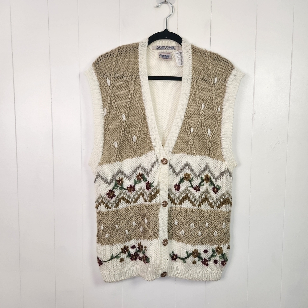 Vintage 90s Huntington Ridge Hand Knit Cardigan Sweater Vest Womens Size Large